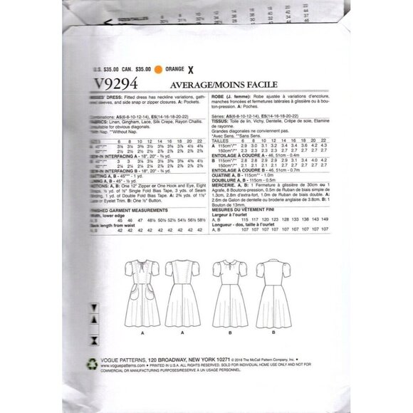 Vogue V9294 Misses 14 to 22 Circa 1939 Fitted Dress UNCUT Sewing Pattern - Picture 2 of 2